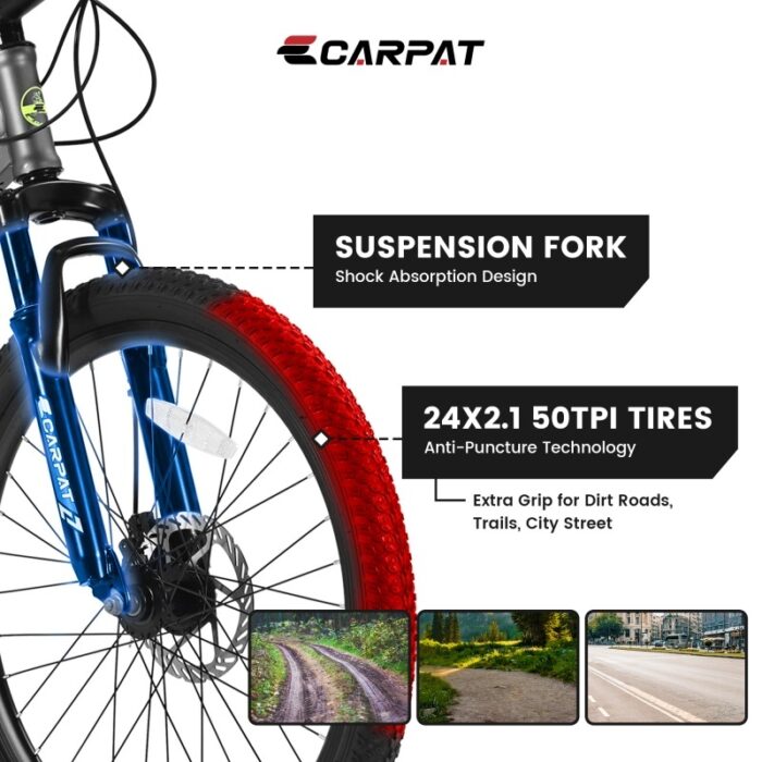 24 Inch Mountain Bike, Suitable For Boys And Girls, Steel Frame, Shimano 21 Speed Mountain Bike, With Dual Disc Brakes And Front Suspension - Image 3