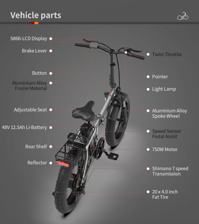 20x4.0 Inch Foldable Fat Tire Electric Bike 48V 12.5AH Extended Range Dual Disc Brakes  Fenders - Image 9
